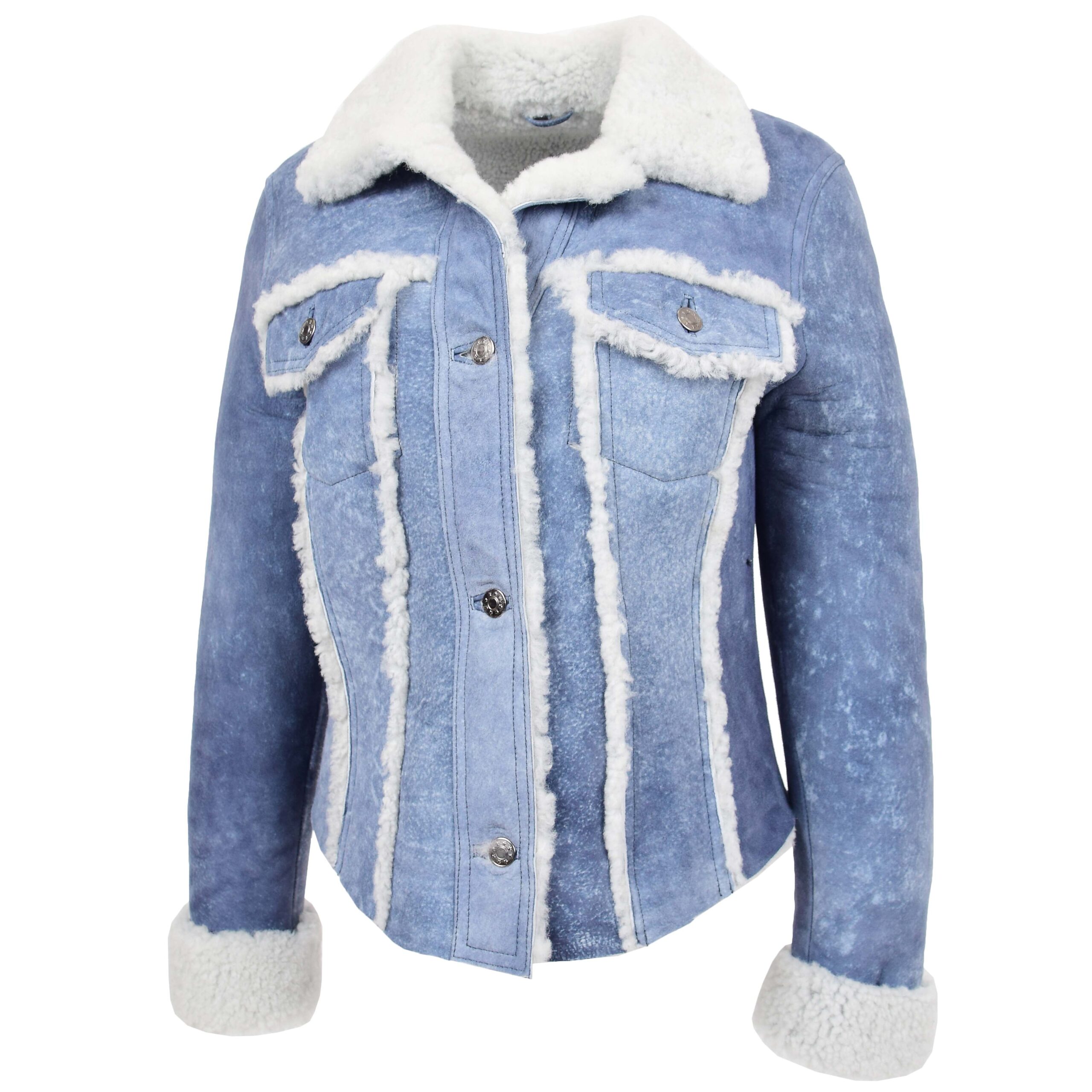 BUNERI Chaqueta Mujer Piel de Oveja Real Trucker Azul Denim - Imagen 4