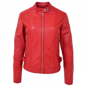 BUNERI Biker Cuero Suave Ruby Roja Casual Zip Mujer