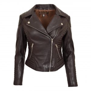 BUNERI Chaqueta Mujer Cuero Suave Cremallera Cruzada Biker Marron