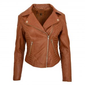 BUNERI Chaqueta Biker Mujer Cuero Suave Cremallera Cruzada Tostado