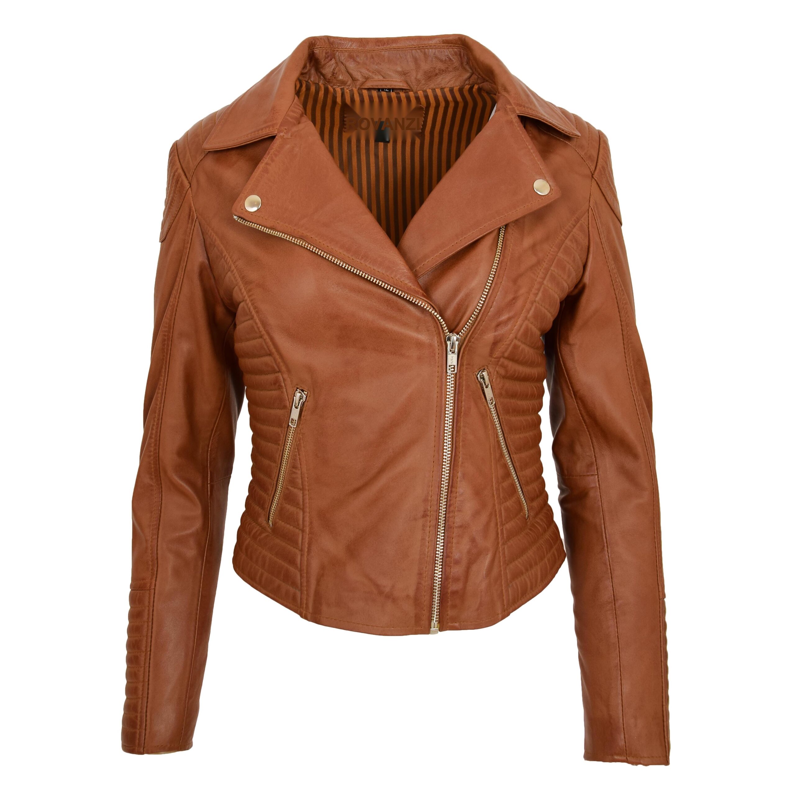 BUNERI Chaqueta Biker Mujer Cuero Suave Cremallera Cruzada Tostado
