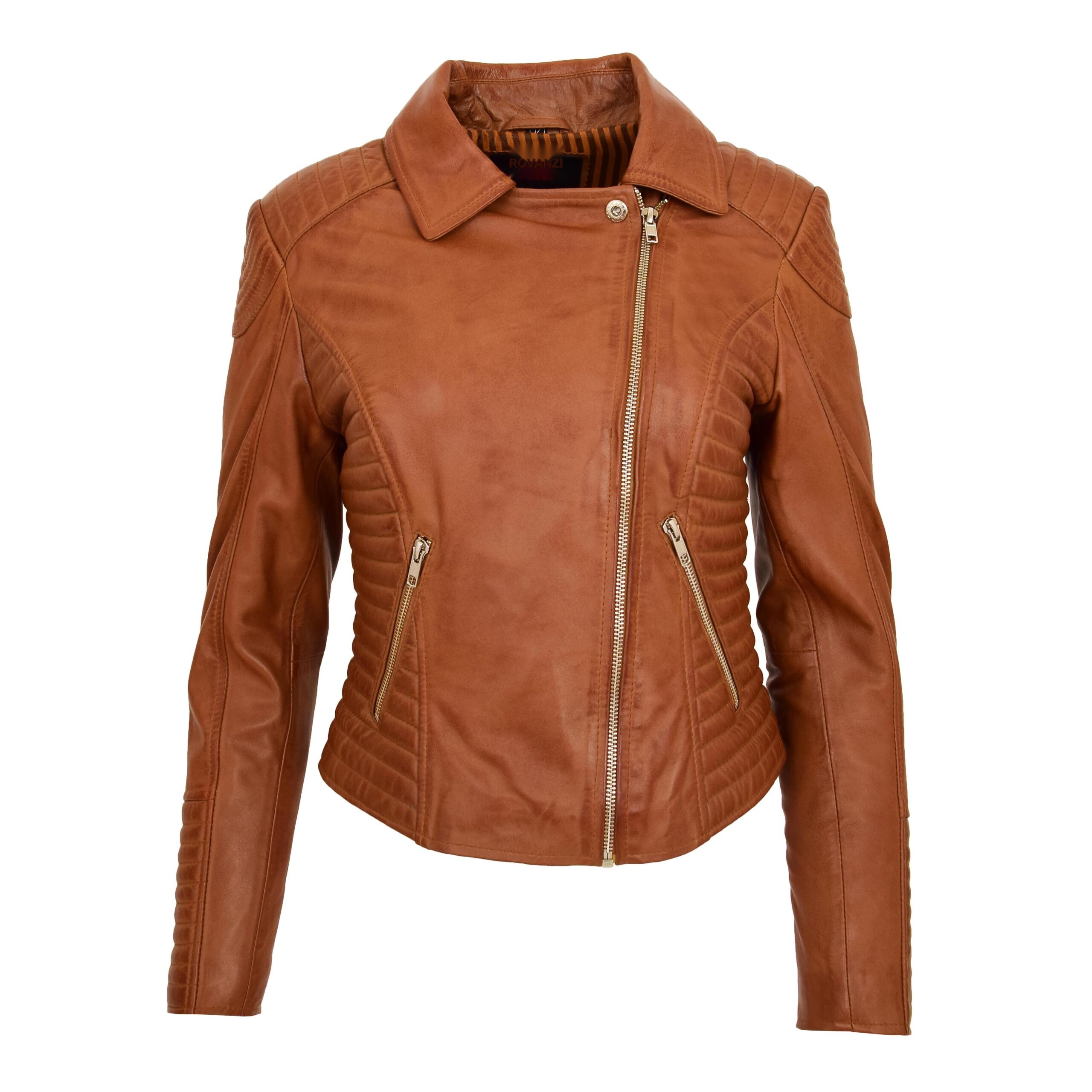 BUNERI Chaqueta Biker Mujer Cuero Suave Cremallera Cruzada Tostado - Imagen 3
