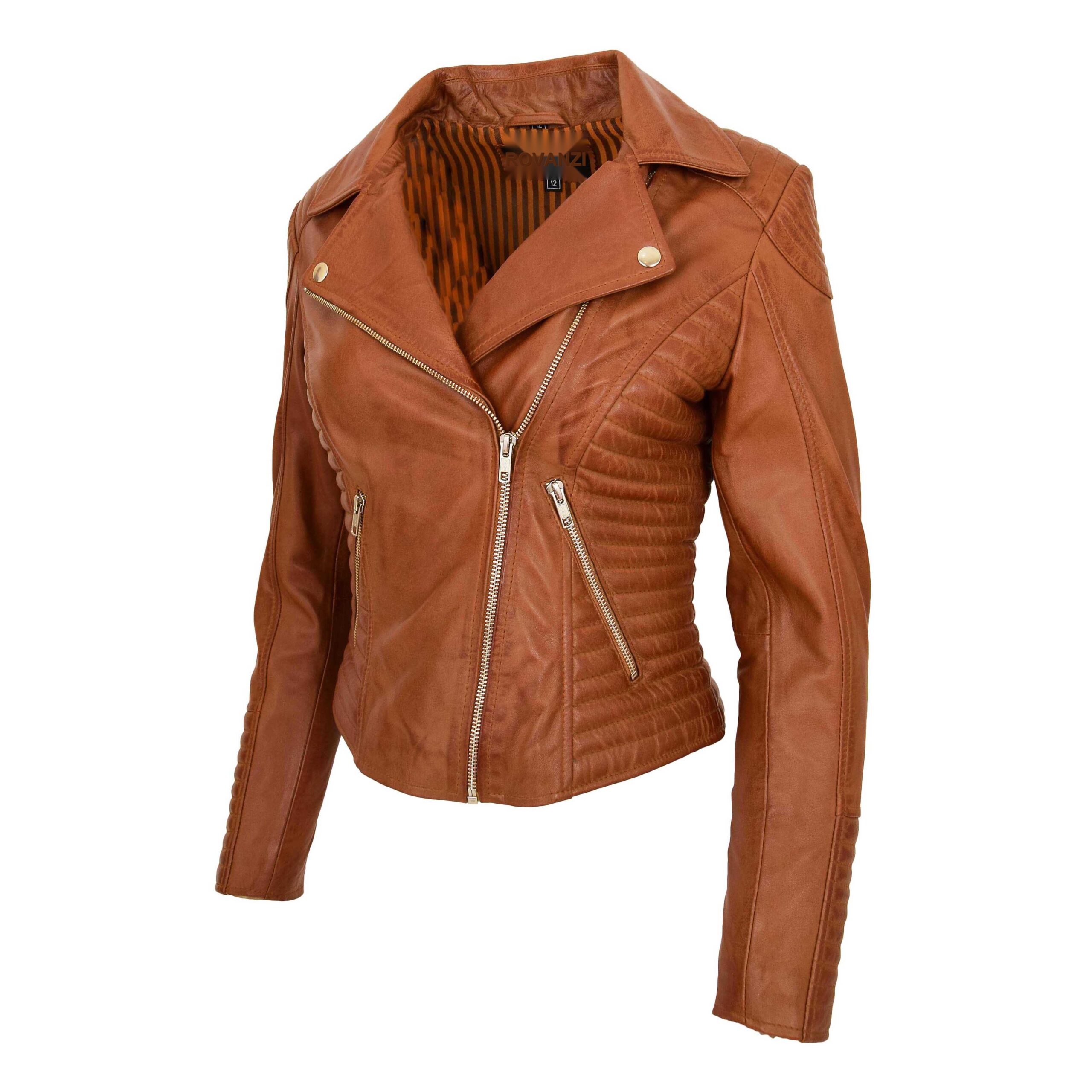 BUNERI Chaqueta Biker Mujer Cuero Suave Cremallera Cruzada Tostado - Imagen 4