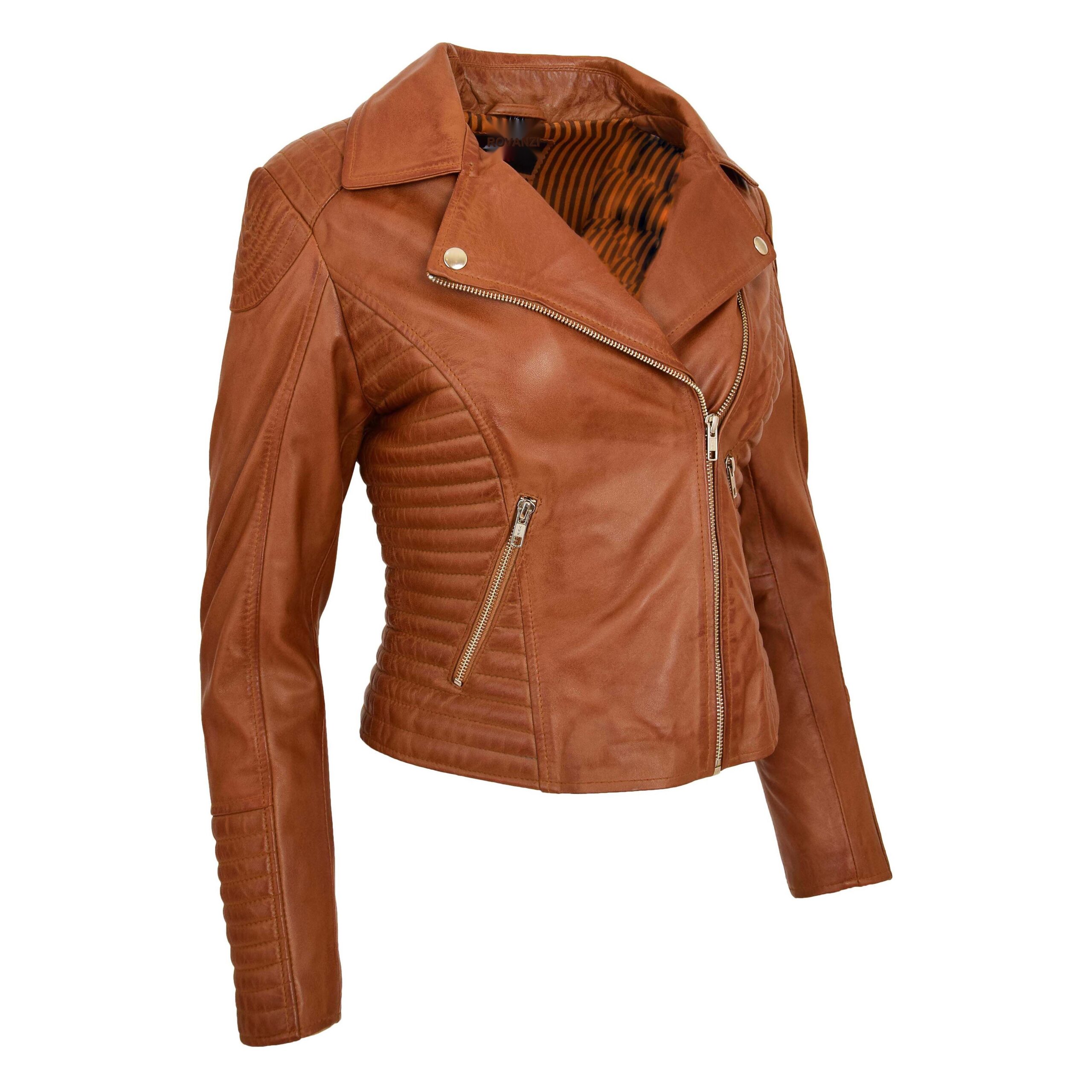 BUNERI Chaqueta Biker Mujer Cuero Suave Cremallera Cruzada Tostado - Imagen 5