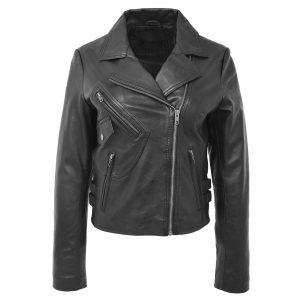 BUNERI Chaqueta Mujer Cuero Suave Cross-Zip Casual Negro
