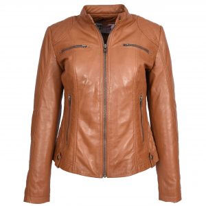 BUNERI Cafe Racer Fiona Tan de Cuero Suave Ajustada Acolchada